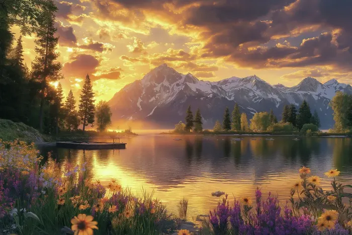 Framed Print : Tranquil mountain lake in spring with flowers at sunrise or sunset. (AI Generated) Framed Print : Tranquil mountain lake in spring with flowers at sunrise or sunset. (AI Generated)