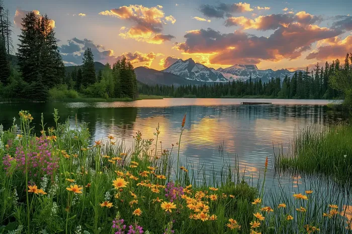 Framed Print : Tranquil mountain lake in spring with flowers at sunrise or sunset. (AI Generated) Framed Print : Tranquil mountain lake in spring with flowers at sunrise or sunset. (AI Generated)