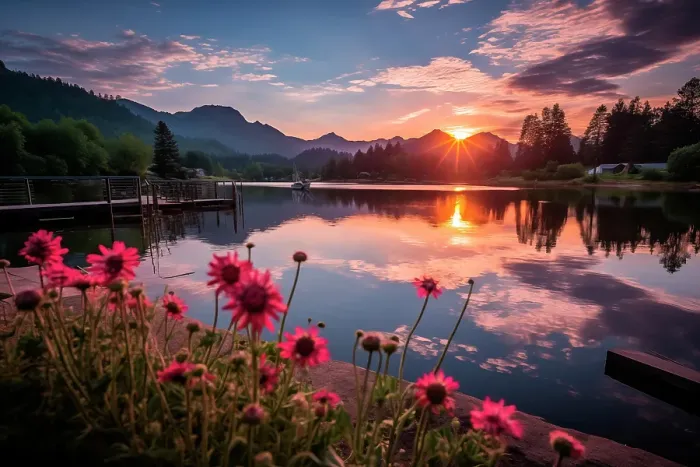 Framed Print : Tranquil mountain lake at sunrise or sunset. (AI Generated) Framed Print : Tranquil mountain lake at sunrise or sunset. (AI Generated)