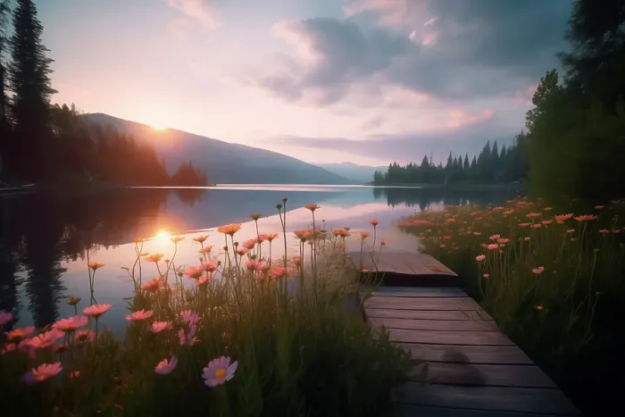 Framed Print : Tranquil mountain lake at sunrise or sunset. (AI Generated) Framed Print : Tranquil mountain lake at sunrise or sunset. (AI Generated)
