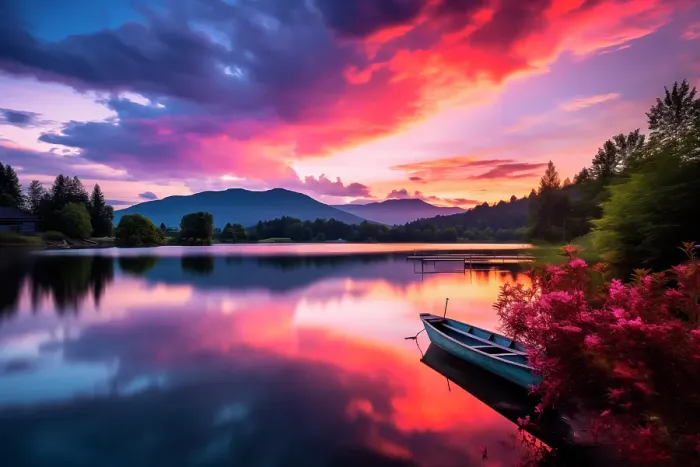 Framed Print : Tranquil mountain lake at sunrise or sunset. (AI Generated)
