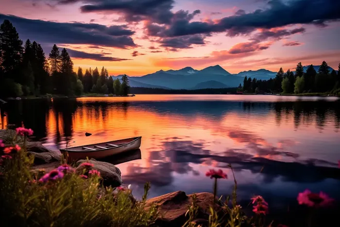 Framed Print : Tranquil mountain lake at sunrise or sunset. (AI Generated)