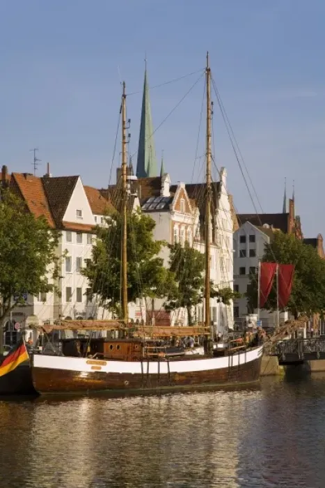 Framed Print : Trave River, harbor, schooner, Lubeck, Schleswig-Holstein, Germany