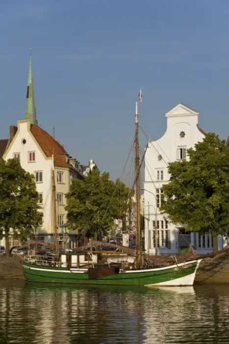 Framed Print : Trave River, harbor, schooner, Lubeck, Schleswig-Holstein, Germany