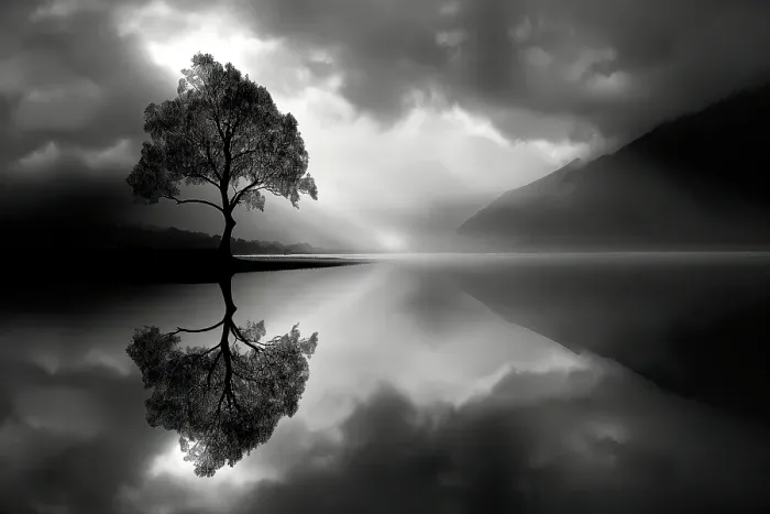 Framed Print : Tree reflection in lake. (AI Generated) Framed Print : Tree reflection in lake. (AI Generated)