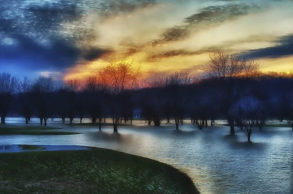 Trees in water on flooded golf course, Lafayette, Indiana
