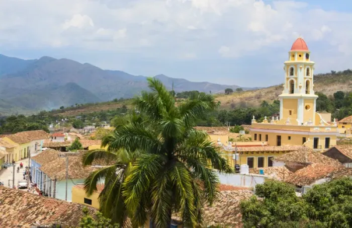 Framed Print : Trinidad Cuba from above tower with church and mountains with buildings of tile roofs Framed Print : Trinidad Cuba from above tower with church and mountains with buildings of tile roofs