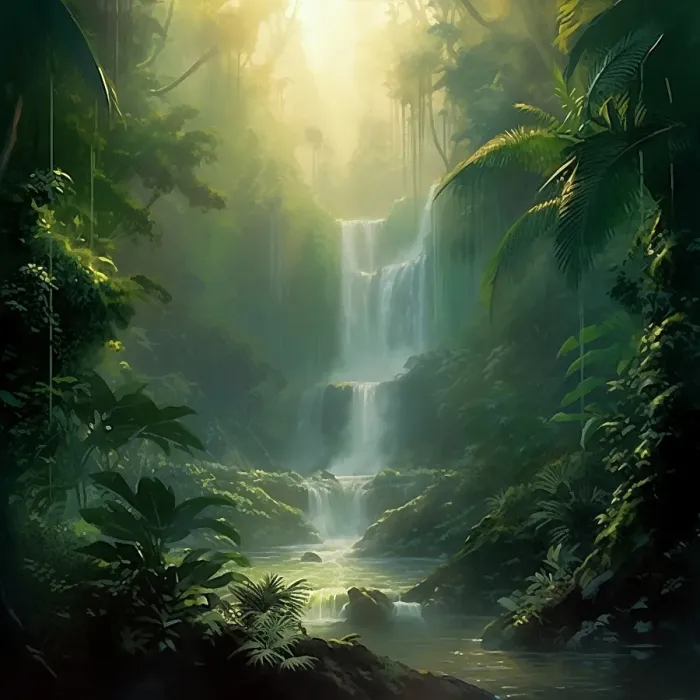 Framed Print : Tropical waterfall cascade and stream landscape. (AI Generated) Framed Print : Tropical waterfall cascade and stream landscape. (AI Generated)