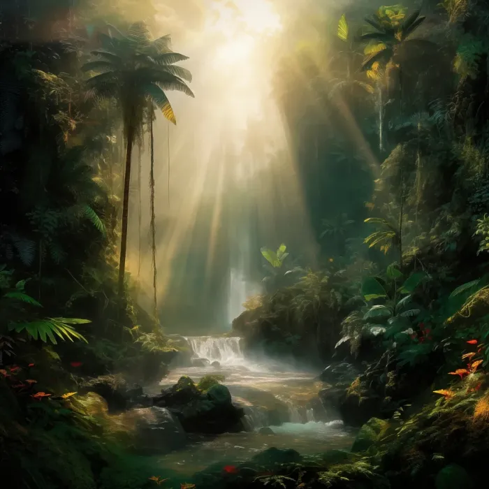 Framed Print : Tropical waterfall and stream landscape. (AI Generated) Framed Print : Tropical waterfall and stream landscape. (AI Generated)