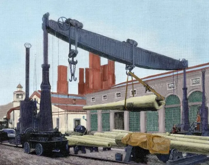 Framed Print : Trubia factory. Transporting the guns destined to battleship Pelayo. Engraving by Framed Print : Trubia factory. Transporting the guns destined to battleship Pelayo. Engraving by