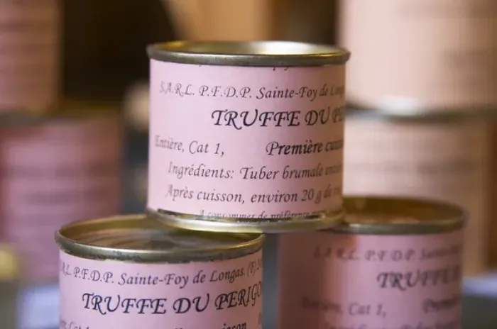 Framed Print : Truffle preparations in tins cans conserves: Truffles Truffetti from Perigord, first