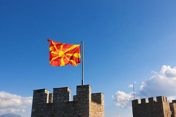 Tsar Samuils Fortress with national flag, Ohrid, Republic of Macedonia