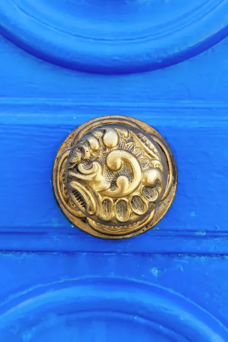 Framed Print : Tunis, Tunisia. Brass door knob on a blue door on a house near the Tunis Souk
