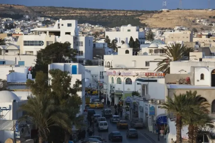 Framed Print : Tunisia, Cap Bon, Hammamet, Avenue de la Republique, elevated view, dusk Framed Print : Tunisia, Cap Bon, Hammamet, Avenue de la Republique, elevated view, dusk