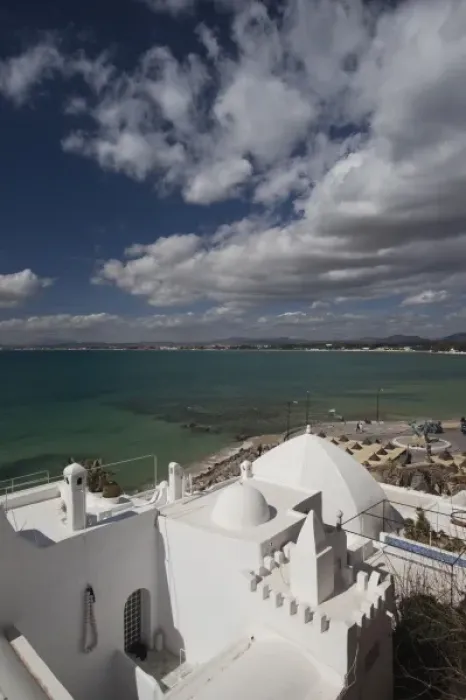 Framed Print : Tunisia, Cap Bon, Hammamet, elevated view of the Gulf of Hammamet from the Kasbah