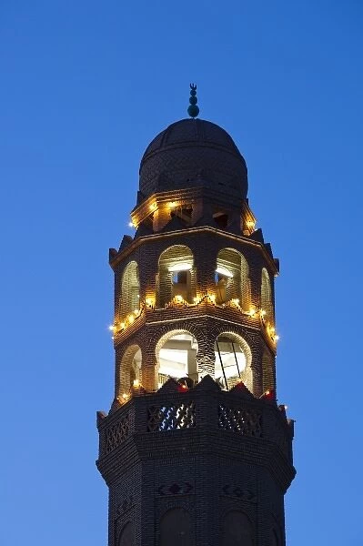Tunisia, The Jerid Area, Tozeur, Avenue Habib Bourguiba, Mosque el-Ferdous, evening