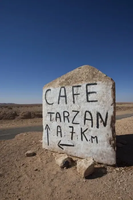 Framed Print : Tunisia, Ksour Area, Route C105, sign for Cafe Tarzan