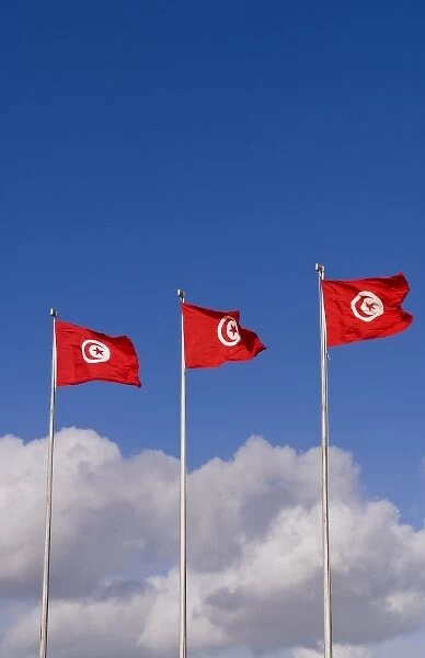 Three Tunisia national flags flting at Tunis Airport in Northern Africa