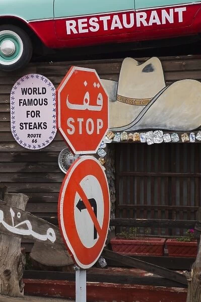 Tunisia, Tunisian Central Coast, Akouda, Route 66 theme restaurant, arabic stop sign
