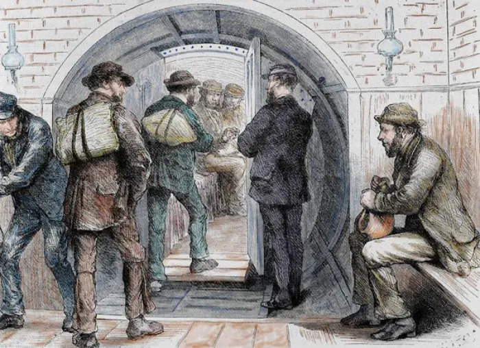 Framed Print : Tunnel in London. Workers going to their jobs. Colored engraving in The Spanish Framed Print : Tunnel in London. Workers going to their jobs. Colored engraving in The Spanish