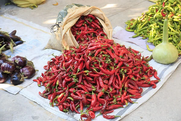 Turkey, Aydin Province, Nazilli, open-air market. Red Chilis