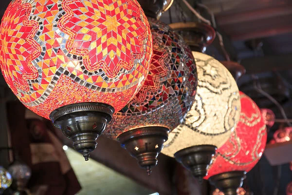 Turkey, Central Anatolia, Nevsehir Province, Uchisar, colorful, glass mosaic lamps