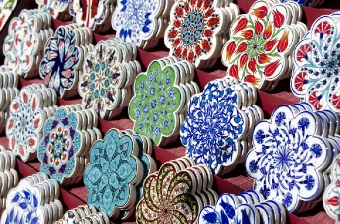 Framed Print : Turkey, Istanbul. Colorful hand painted souvenir pottery coasters Framed Print : Turkey, Istanbul. Colorful hand painted souvenir pottery coasters