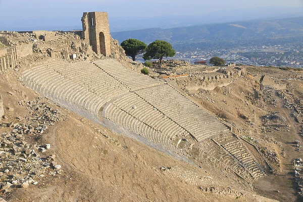 Turkey, Izmir Province, Bergama, Pergamon, Acropolis Theater of Against the Modern City of Bergama