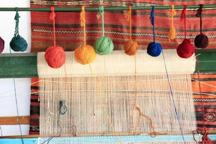 Framed Print : Turkey, Izmir Province, Selcuk, weaving loom, rug making, balls of wool or yarn Framed Print : Turkey, Izmir Province, Selcuk, weaving loom, rug making, balls of wool or yarn