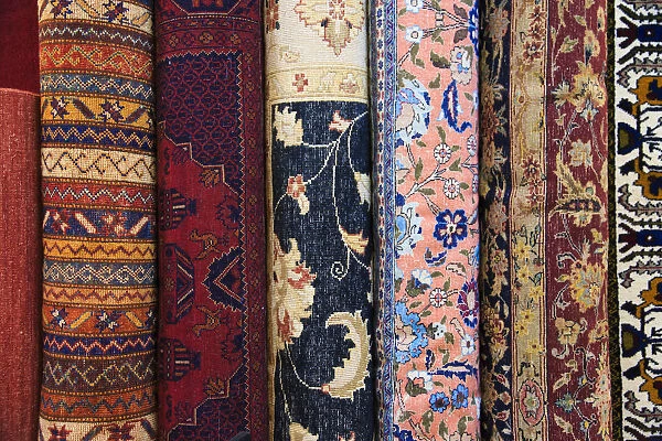 Turkey, Izmir Province, Selcuk, rolled and stacked rugs