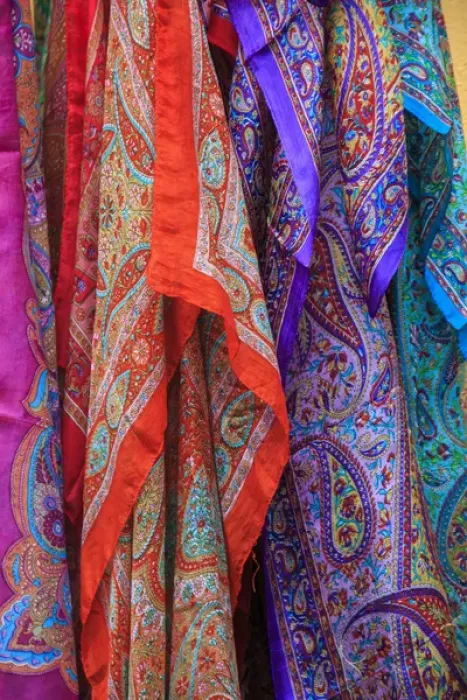 Framed Print : Turkey, Marmara, Bursa Province, Bursa, Bursa shopping street, scarves for sale