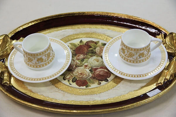Turkey, Marmara, Bursa Province, Bursa, tray with 2 ceramic Turkish coffee cups