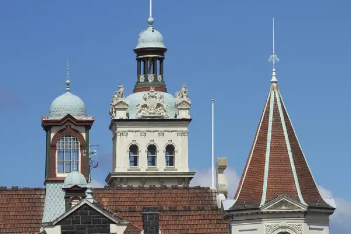 Framed Print : Turrets, Spires & Clock Tower, Historic Railway Station, Dunedin, South Island, New Framed Print : Turrets, Spires & Clock Tower, Historic Railway Station, Dunedin, South Island, New