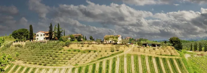 Framed Print : Tuscan landscape under thunder clouds. Farmhouse with vineyard. Tuscany, Italy Framed Print : Tuscan landscape under thunder clouds. Farmhouse with vineyard. Tuscany, Italy