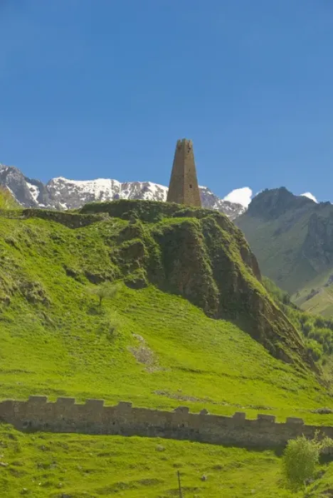 Framed Print : Typical stone tower and town wall of Gudauri, Georgia