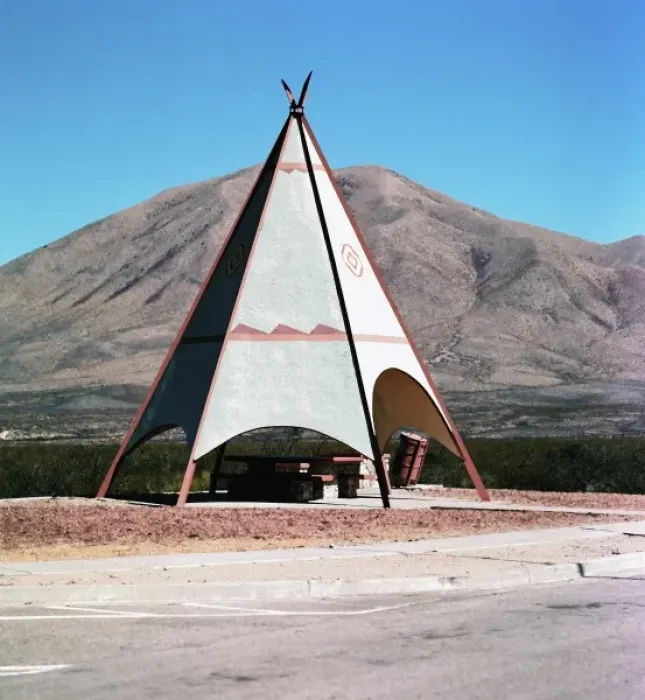 Framed Print : U. S. A. Texas, Big Bend. Shelter shaped as a teepee on a rest area off Interstate Framed Print : U. S. A. Texas, Big Bend. Shelter shaped as a teepee on a rest area off Interstate