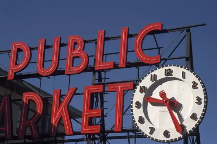 Framed Print : U. S. A. Washington, Seattle Sign and clock at Pike Place Market in downtown Seattle Framed Print : U. S. A. Washington, Seattle Sign and clock at Pike Place Market in downtown Seattle