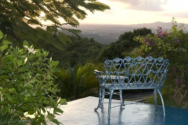 U. S. Virgin Islands, St. Croix, view of mountains from wrought iron bench