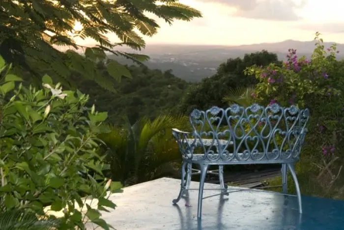 Framed Print : U. S. Virgin Islands, St. Croix, view of mountains from wrought iron bench Framed Print : U. S. Virgin Islands, St. Croix, view of mountains from wrought iron bench