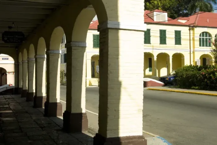 Framed Print : U. S. Virgin Islands, St. Croix: Christiansted architecture and colonnade