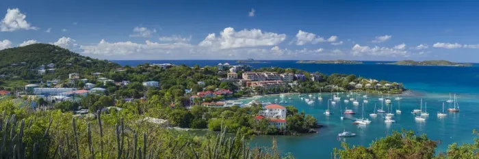 Framed Print : U. S. Virgin Islands, St. John. Cruz Bay, elevated town view with The Battery