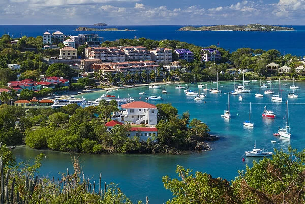U. S. Virgin Islands, St. John. Cruz Bay, elevated town view with The Battery