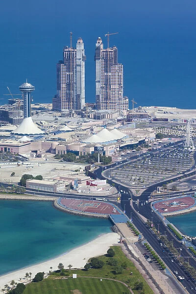 UAE, Abu Dhabi, Marina Village and Arabian Gulf, aerial view