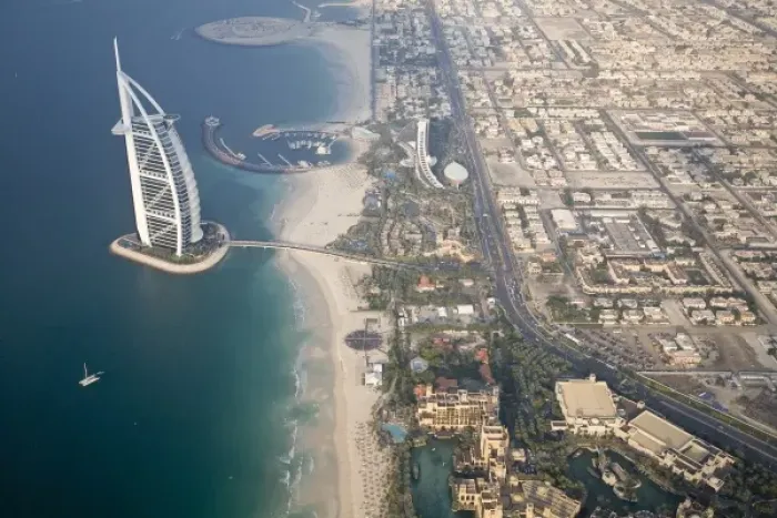 Framed Print : UAE, Dubai. Aerial image of Burj al Arab Hotel and surrounding neighborhood