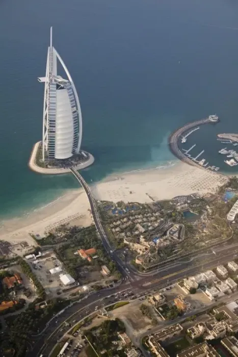 Framed Print : UAE, Dubai. Aerial image of Burj al Arab Hotel and Wild Wadi Water Park on Jumeirah Beach