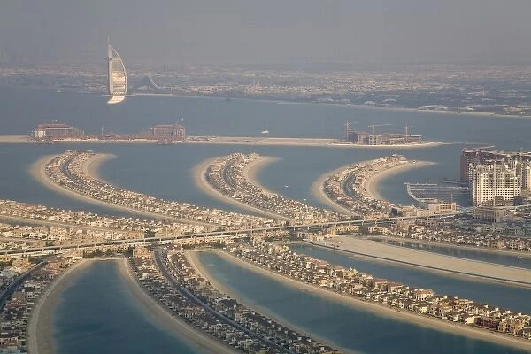 UAE, Dubai. Aerial of Palm Jumeirah artificial islands shaped like palm fronds