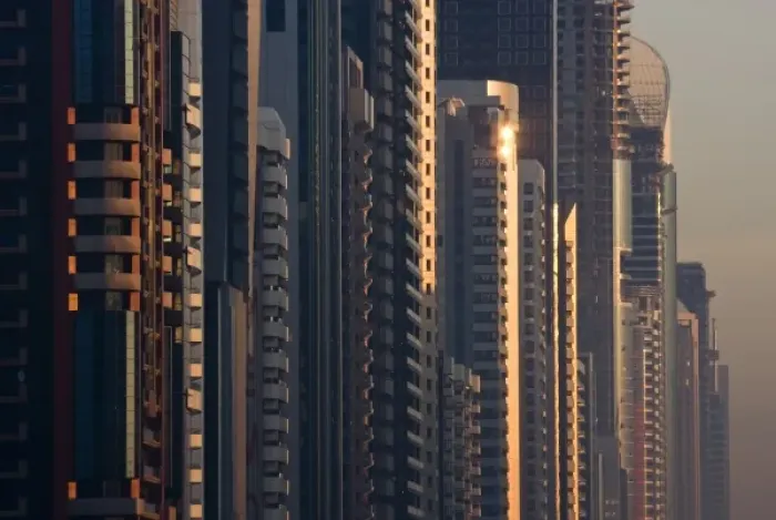 Framed Print : UAE, Dubai. Close-up of buildings along Sheik Zayed Road at sunrise
