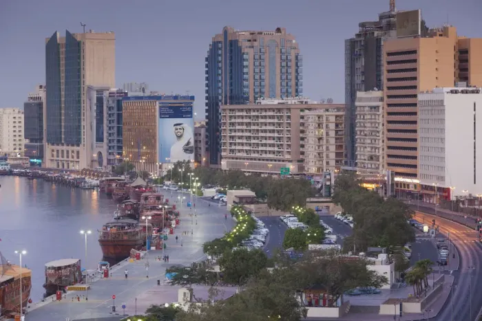 Framed Print : UAE, Dubai, Deira, elevated view of Dubai Creek, dawn Framed Print : UAE, Dubai, Deira, elevated view of Dubai Creek, dawn