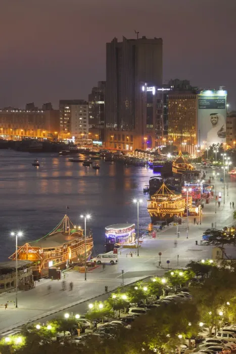 Framed Print : UAE, Dubai, Deira, elevated view of Dubai Creek, dusk Framed Print : UAE, Dubai, Deira, elevated view of Dubai Creek, dusk