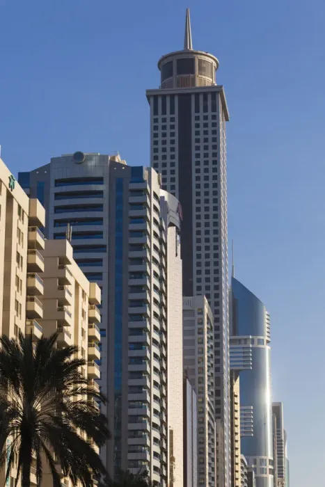 Framed Print : UAE, Dubai, Downtown Dubai, high rise buildings along Sheikh Zayed Road